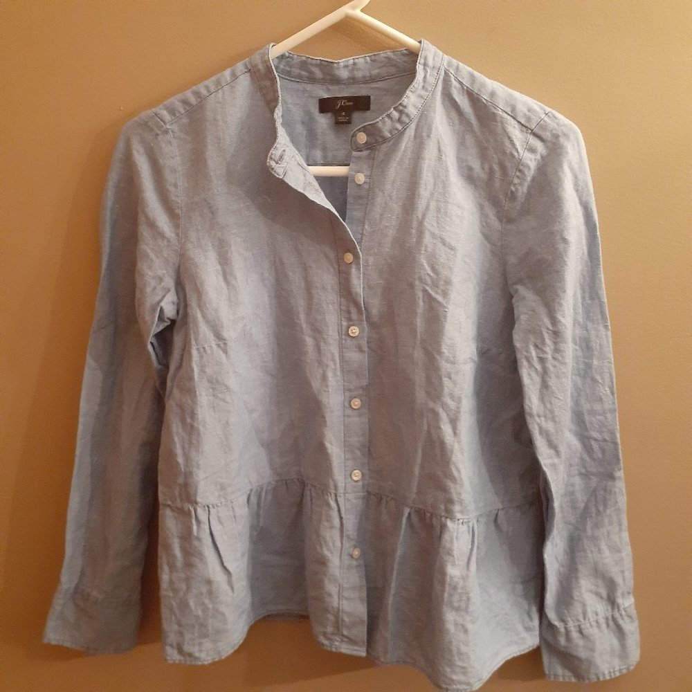 J. Crew Light Blue Button-Front Peplum Linen Blouse